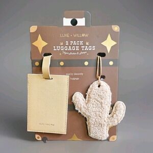 Luxe + Willow Luggage Tags (2-Pack) Vegan Leather & Sherpa Cactus Travel ID NEW